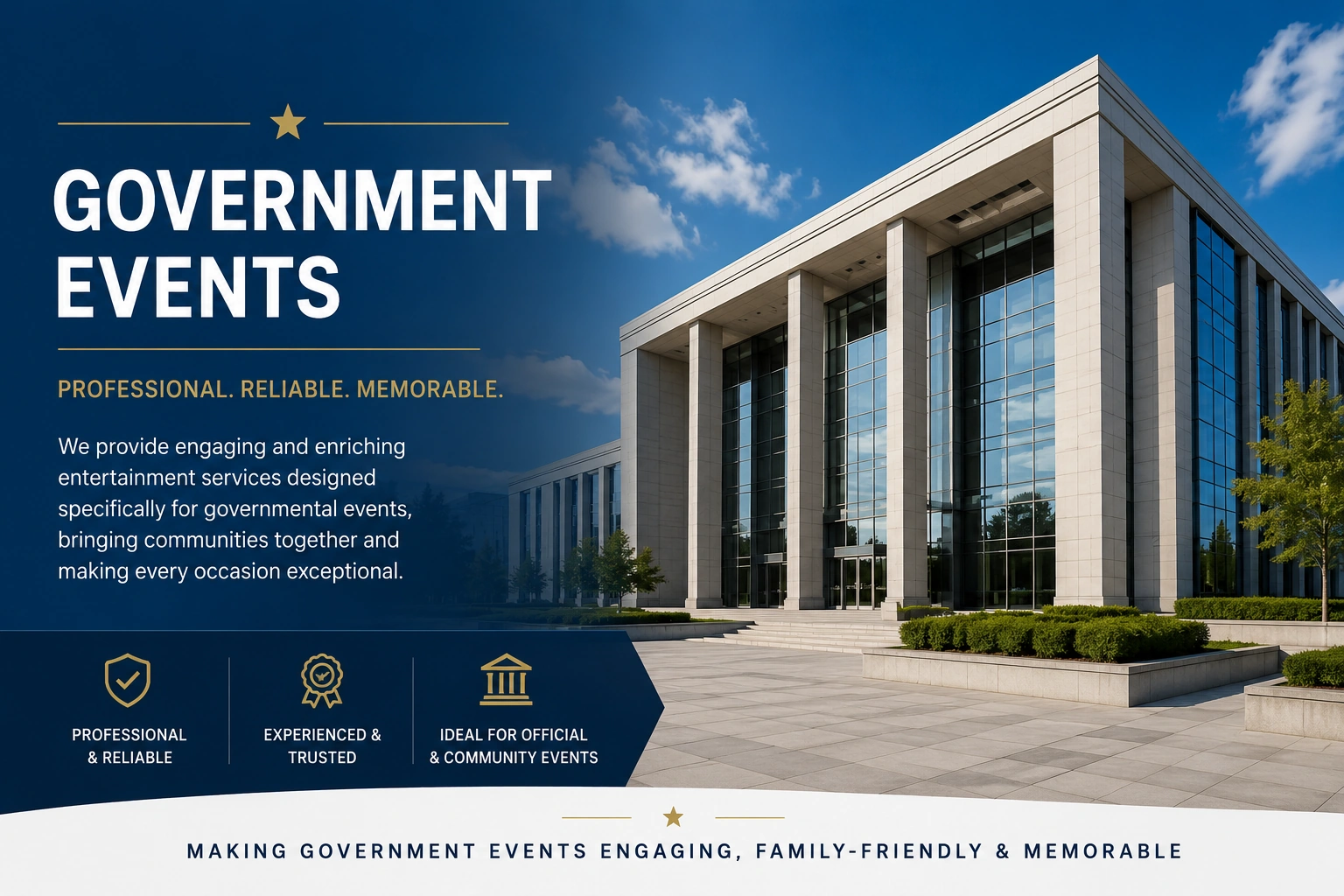 Government Events promotional graphic featuring a modern civic building